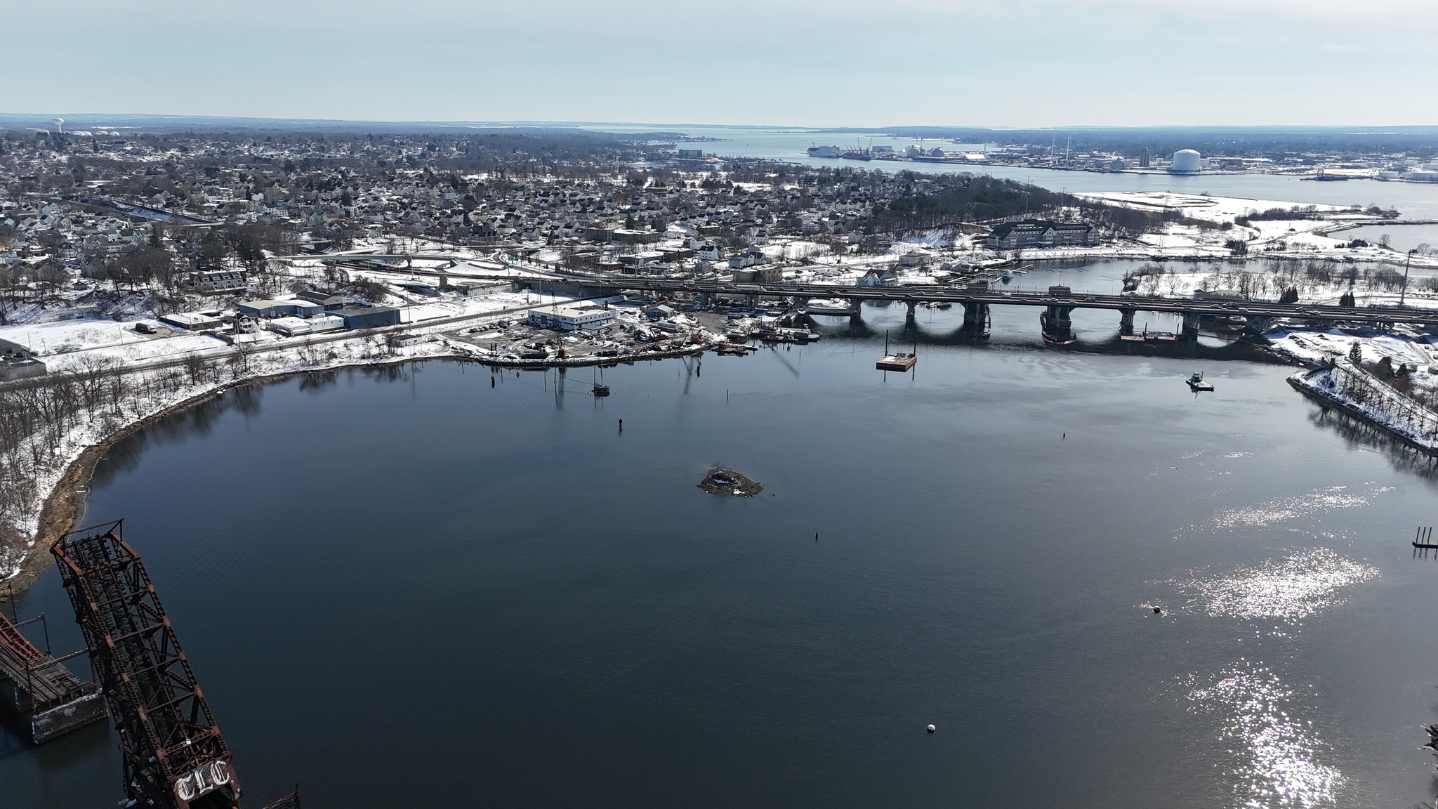 Drone view of shoreline homes
