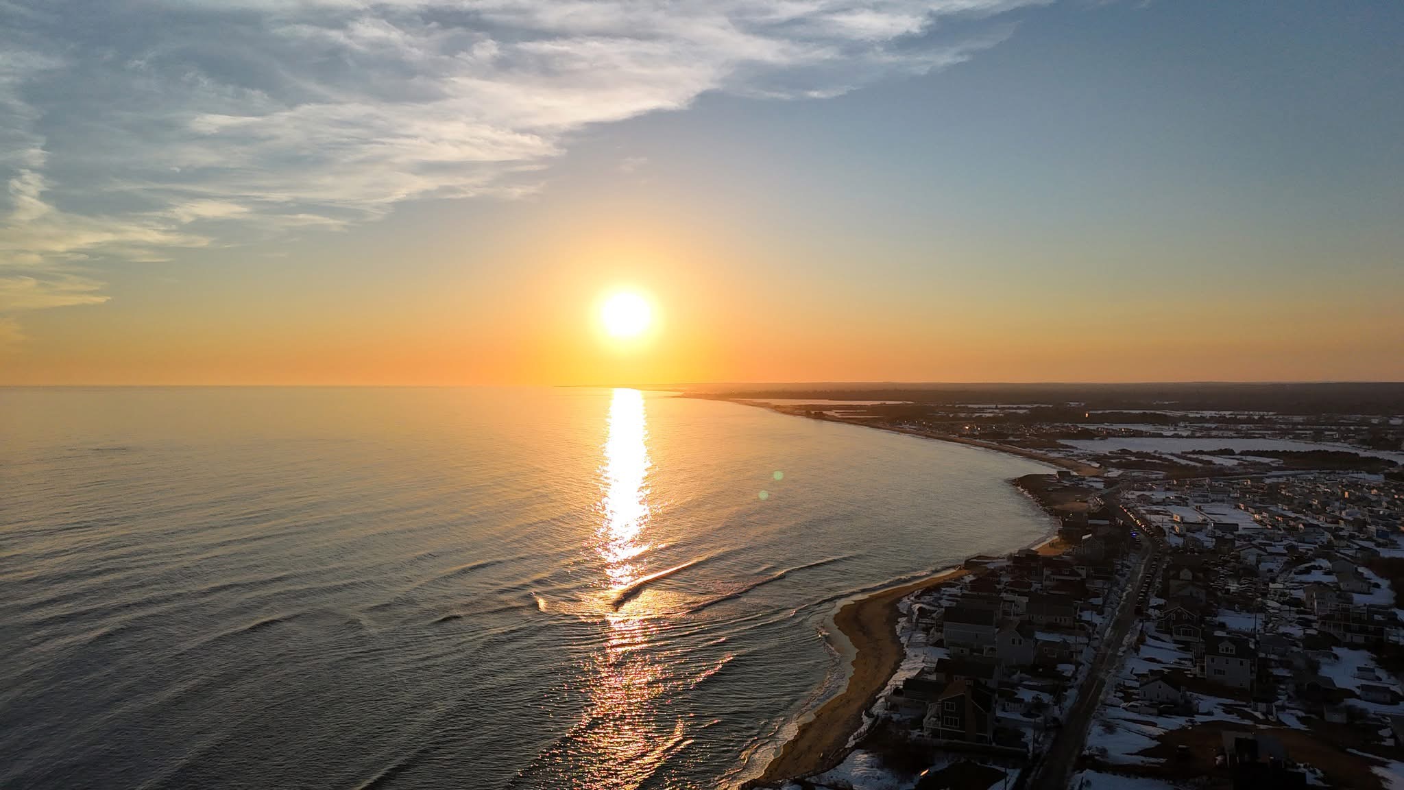 Aerial coastline sunset